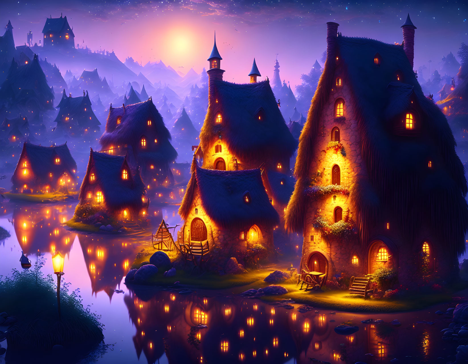 Fantasy village with thatched cottages under twilight sky & moonlit lake