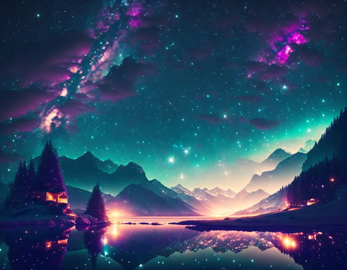 Stunning nightscape: galaxy, mountain peaks, glowing cabin, tranquil lake