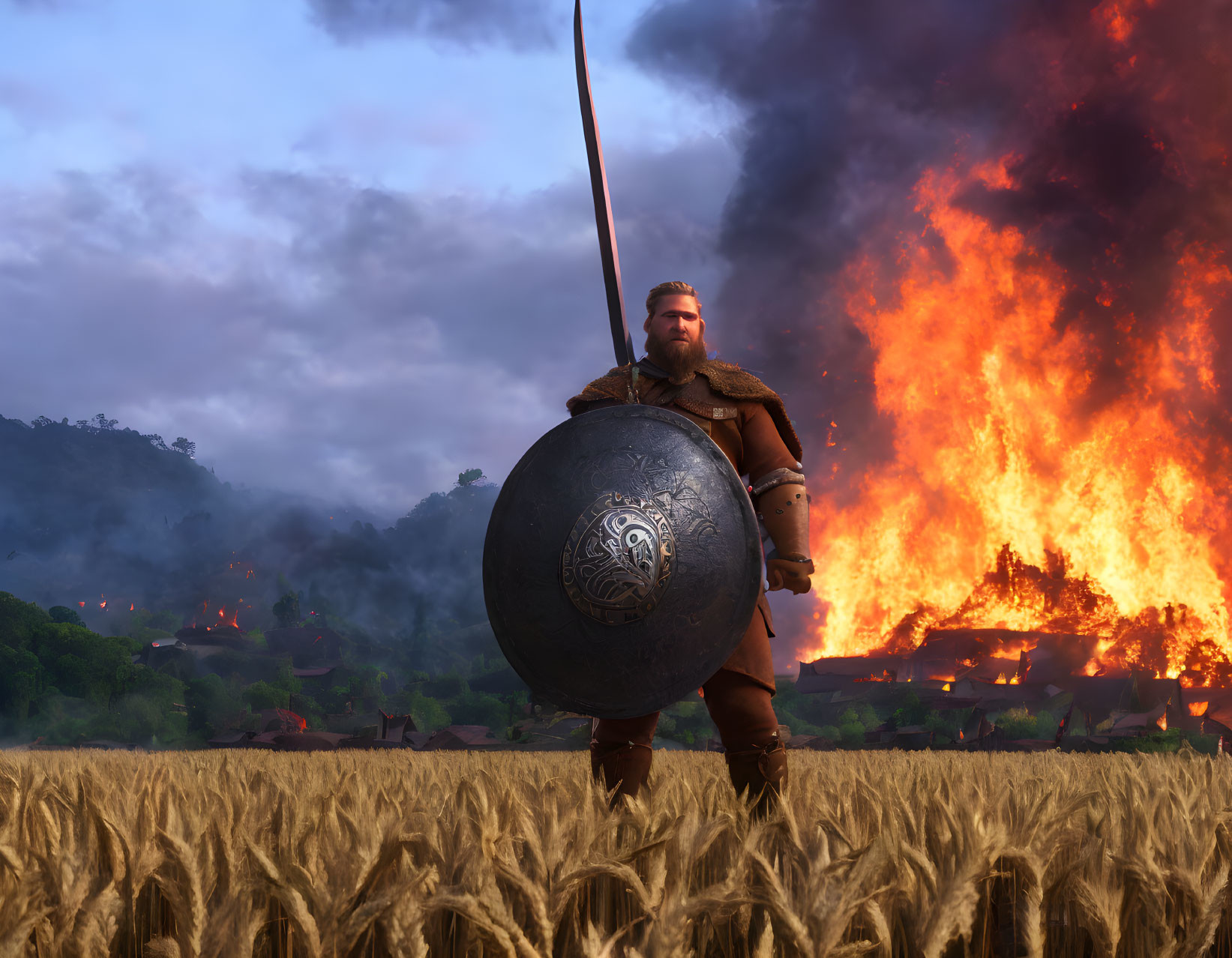 Armored warrior with shield and spear in wheat field as flames consume buildings at dusk