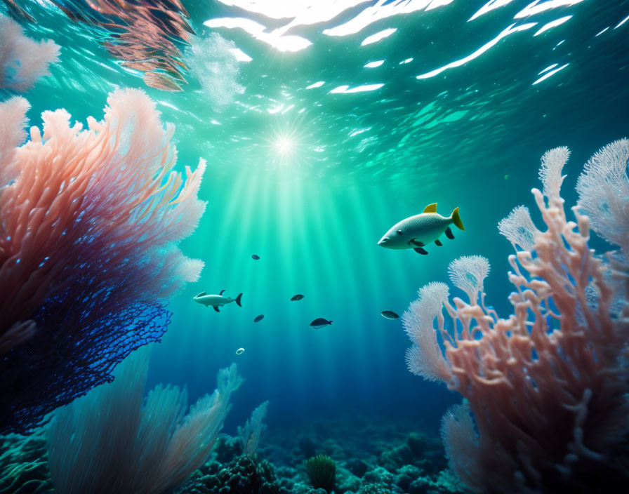 Vibrant coral reefs with fish in sunlit underwater scene