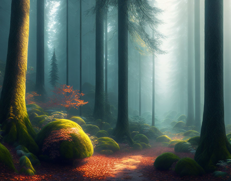 Misty forest scene with sunlight filtering through foliage