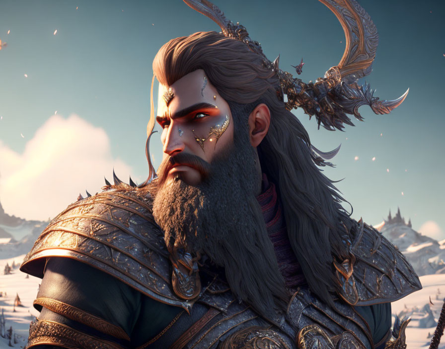 Fantasy character with majestic beard, ornate armor, antlered helmet, snowy mountain backdrop