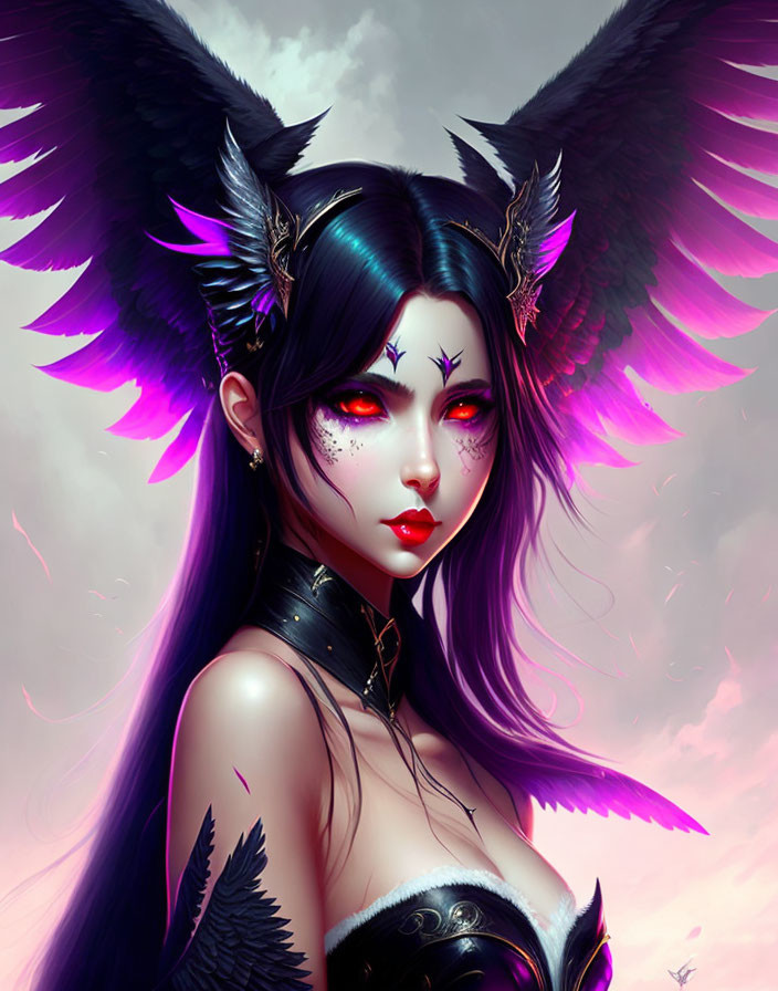 Dark-haired female character with glowing red eyes, black and purple wings, and horned headpiece.