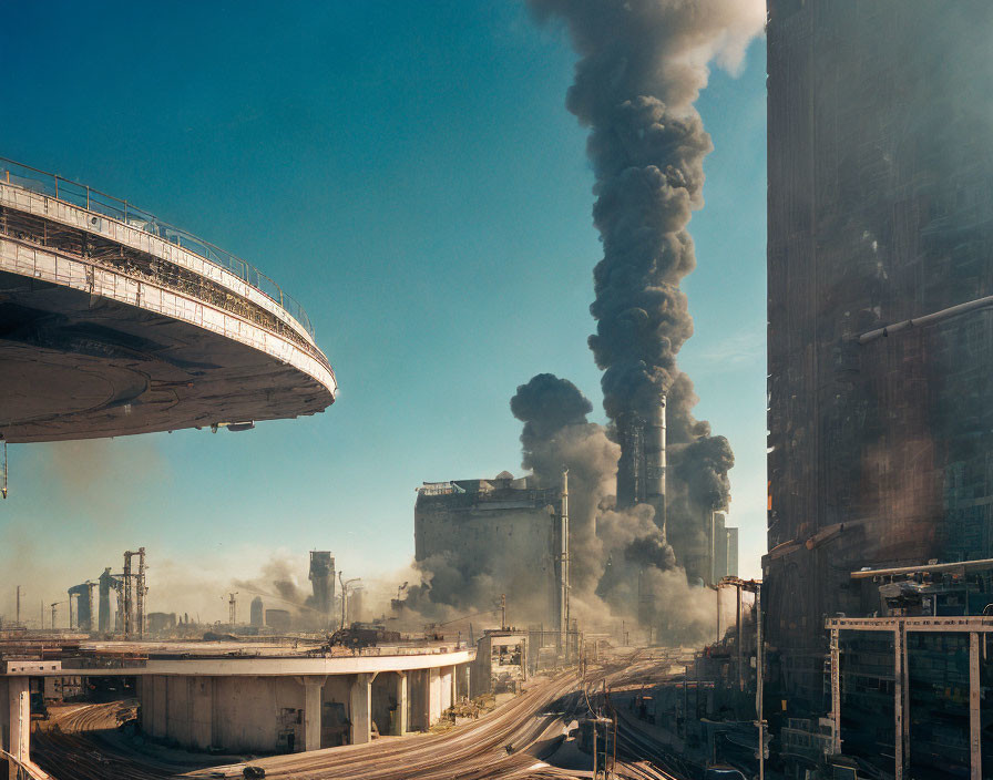 Industrial complex with smokestacks against blue sky and infrastructure.