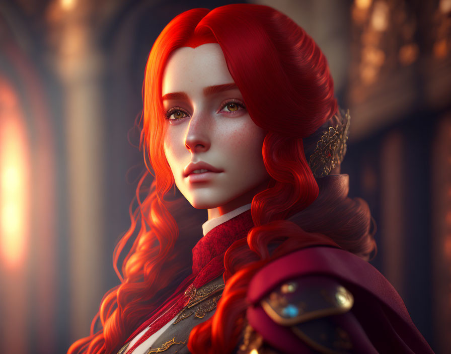 Vivid red-haired woman in regal costume with detailed textures & warm lighting