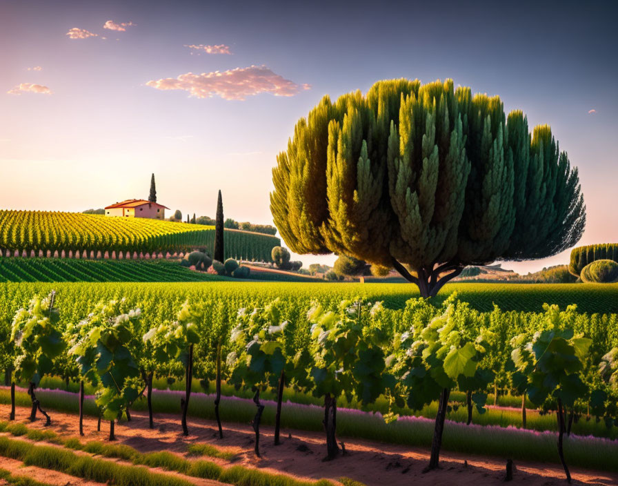 Vineyard sunset with grapevines, tree, house, colorful sky