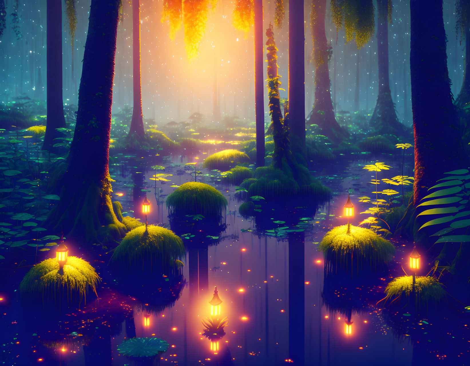 Enchanted forest with glowing flora, reflective water, towering trees under starry sky