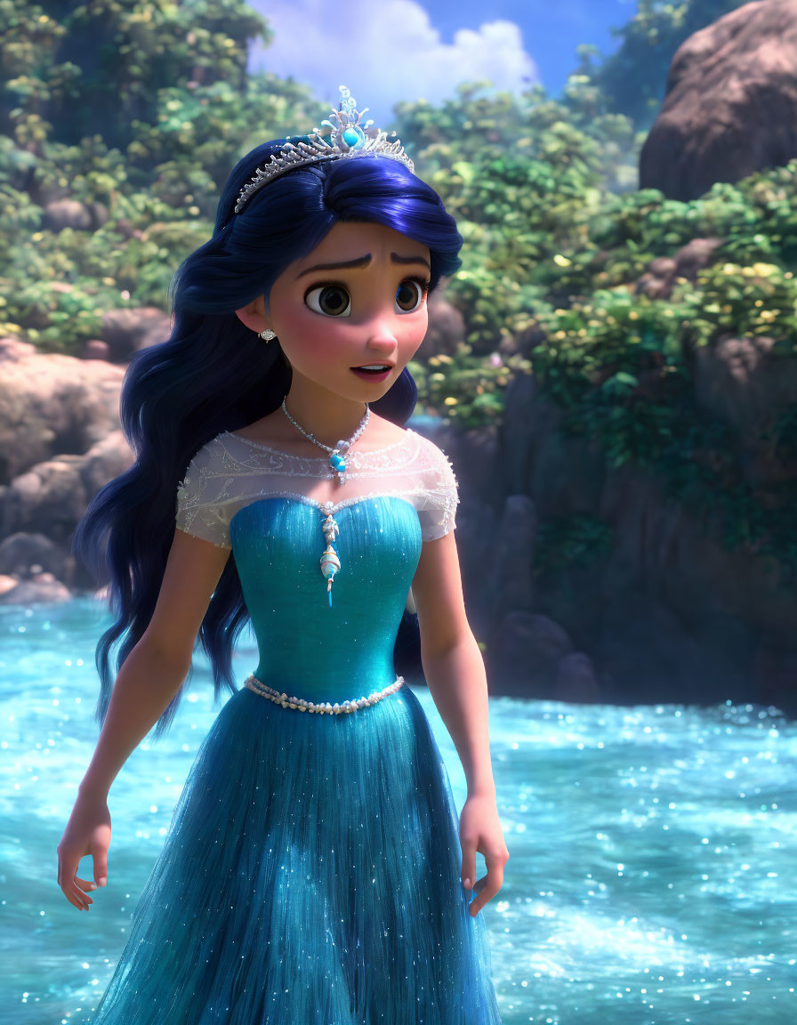 Animated princess with long dark hair in blue gown by sparkling water