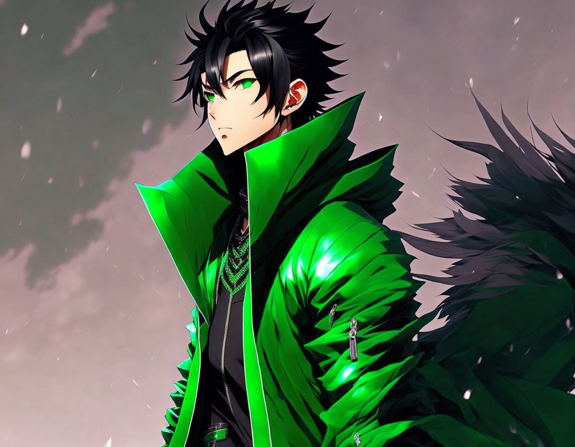 Animated character with black hair and green eyes in green feathered cloak on snowy evening sky