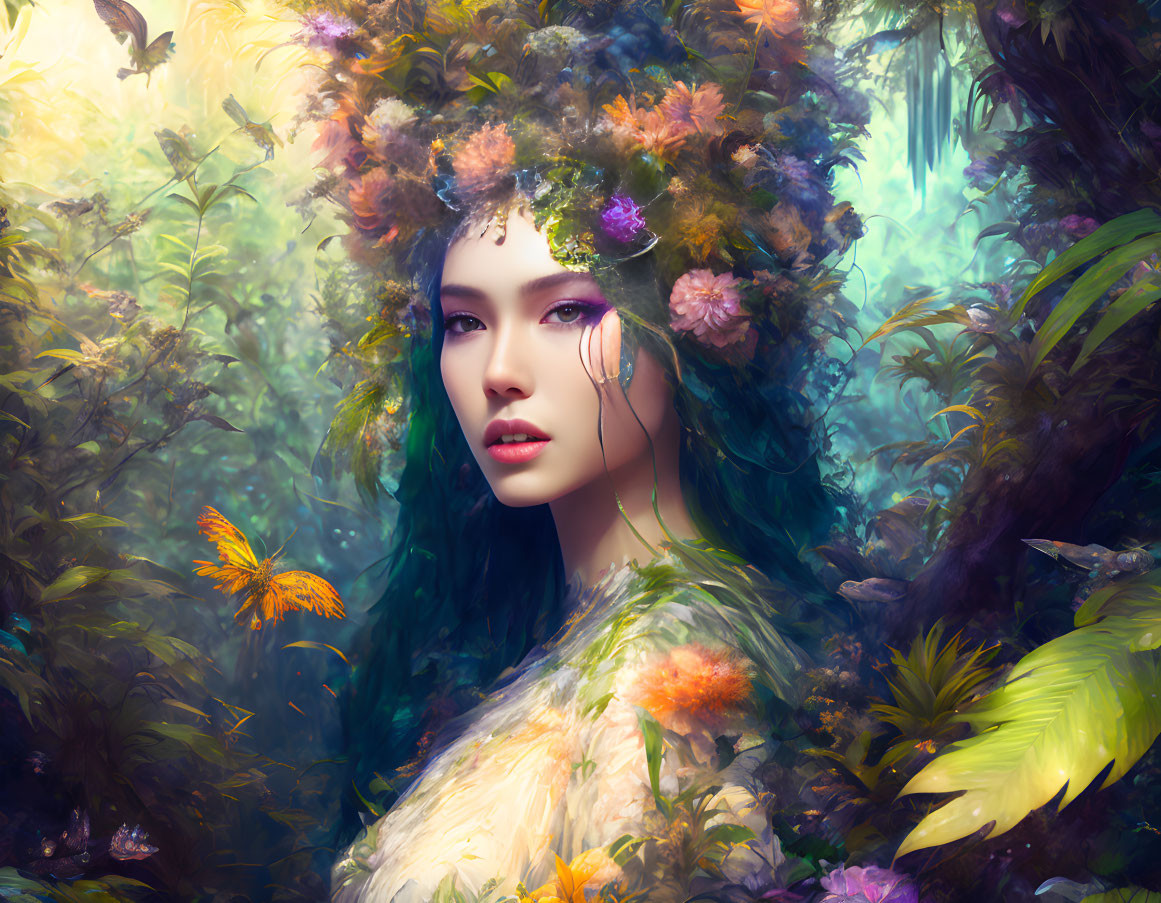 Woman with floral crown in mystical forest with butterflies