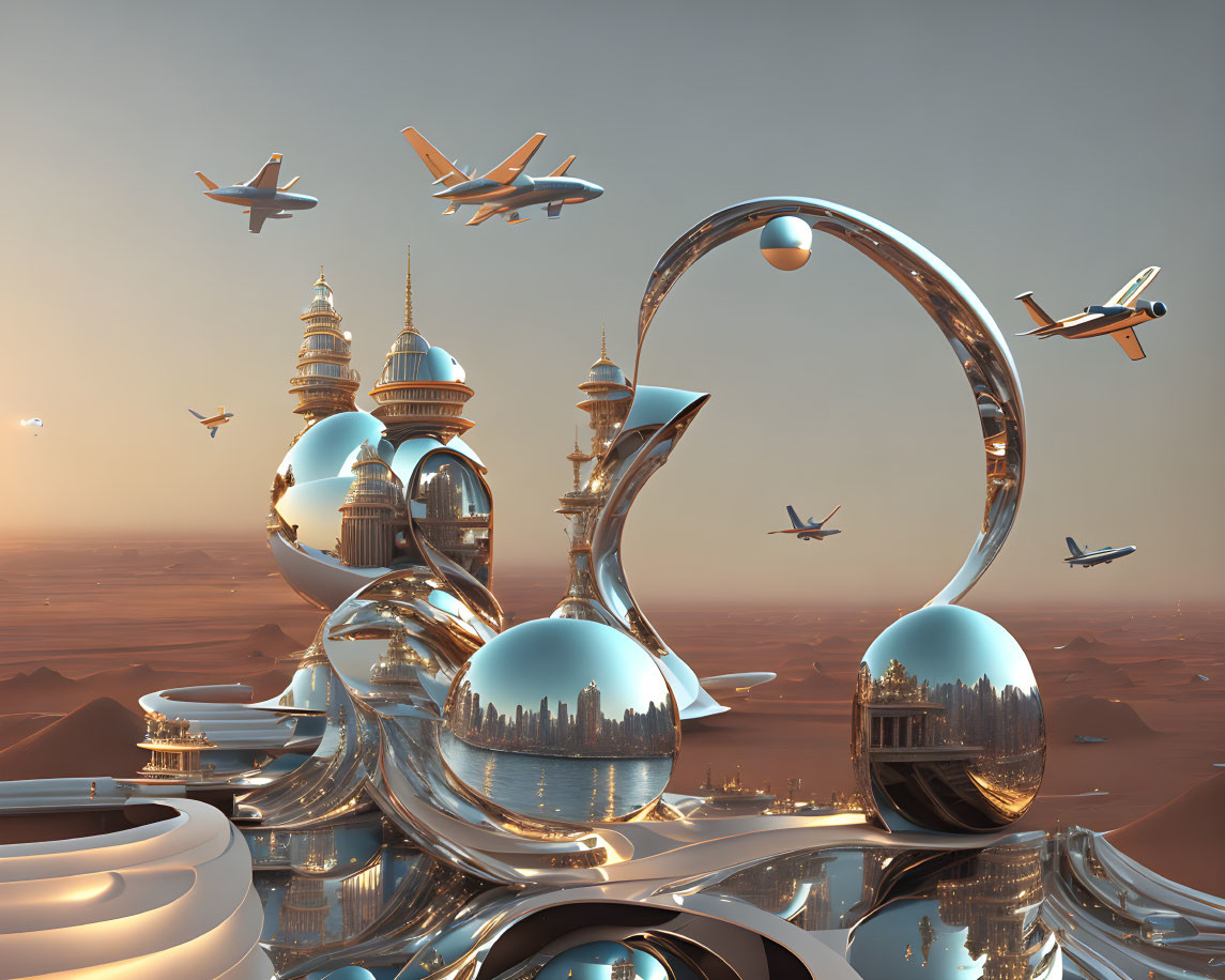 Reflective futuristic cityscape with oriental-style buildings and flying vehicles above desert