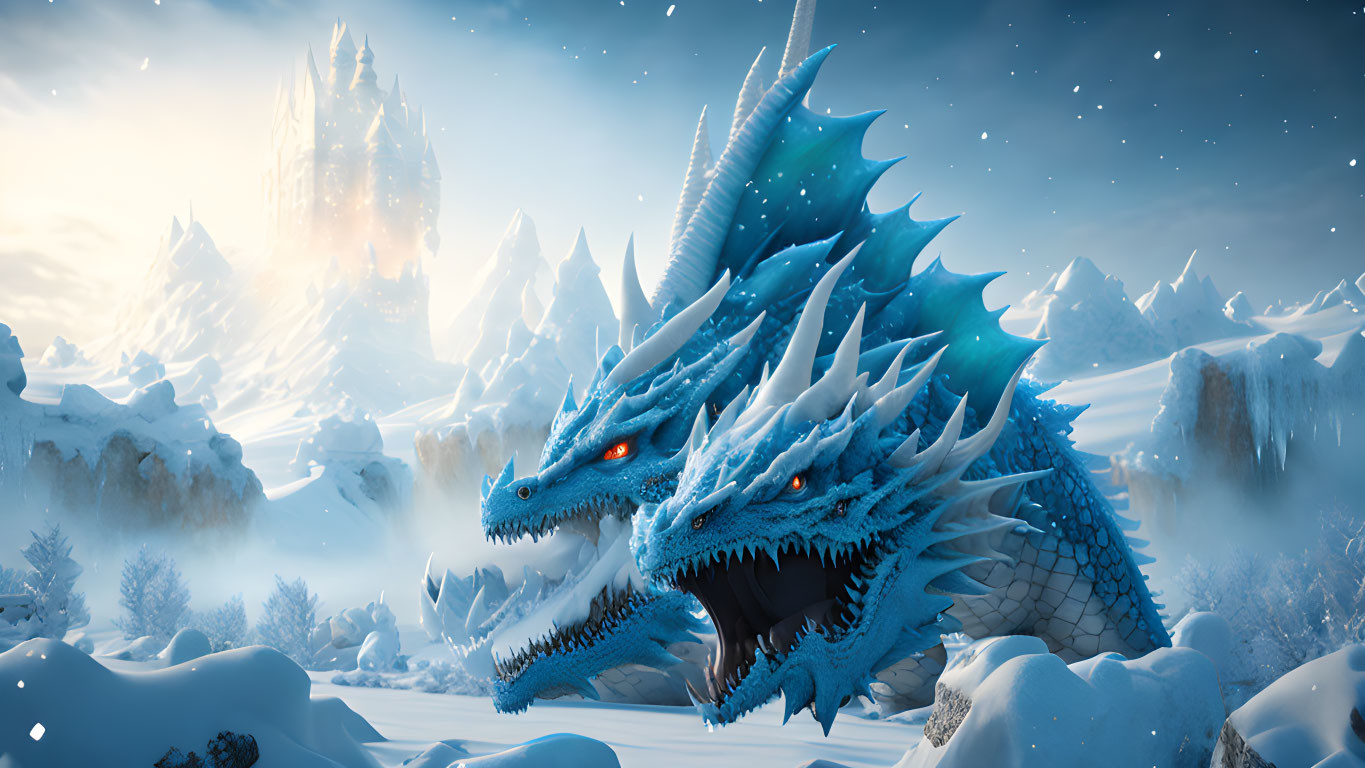 Snowy landscape with two-headed dragon, icy mountains, and castle.