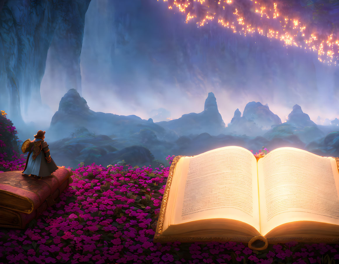 Enchanted book on pink flowers with cloaked figure and glowing cave