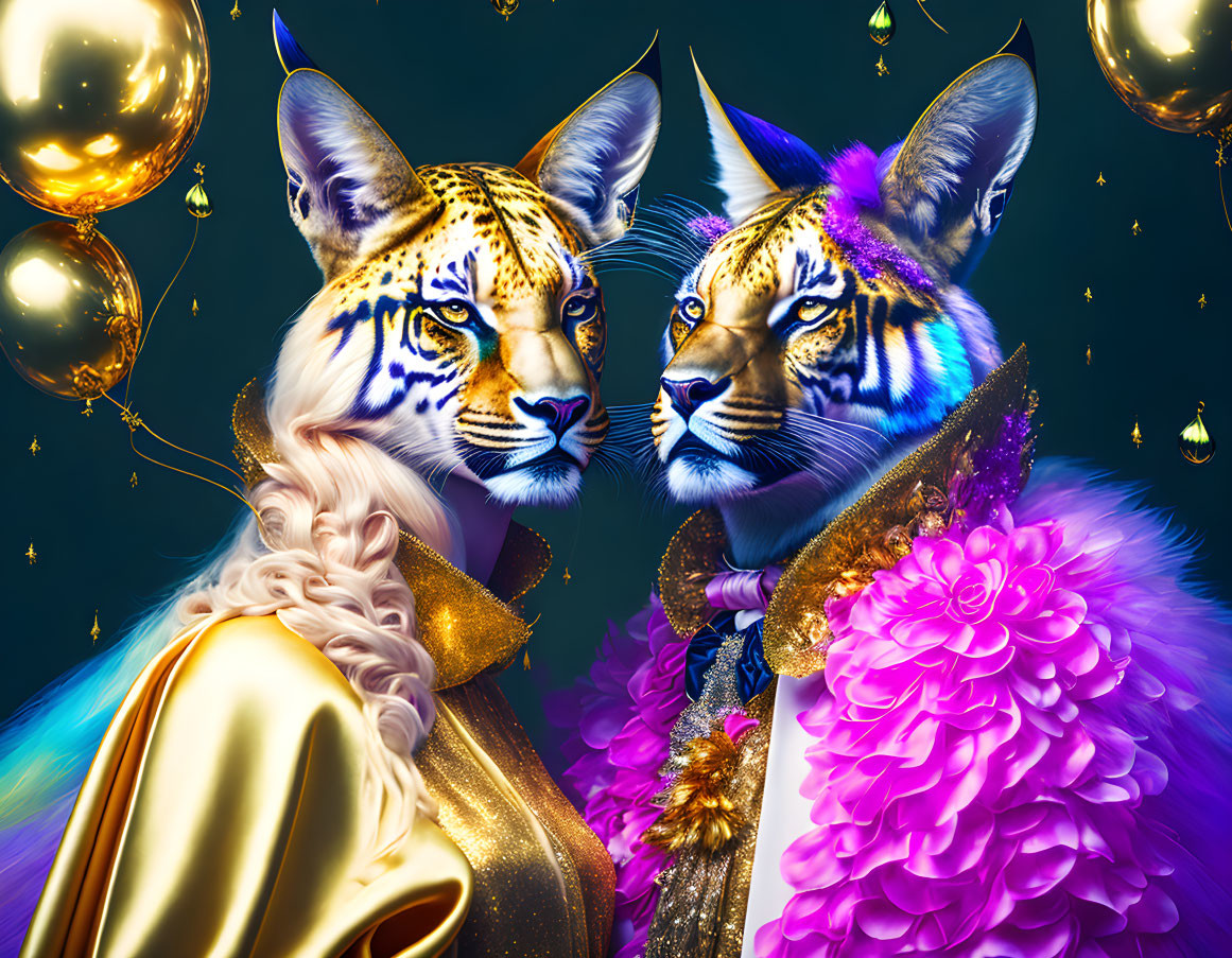 Stylishly attired lynx characters surrounded by golden balloons and confetti