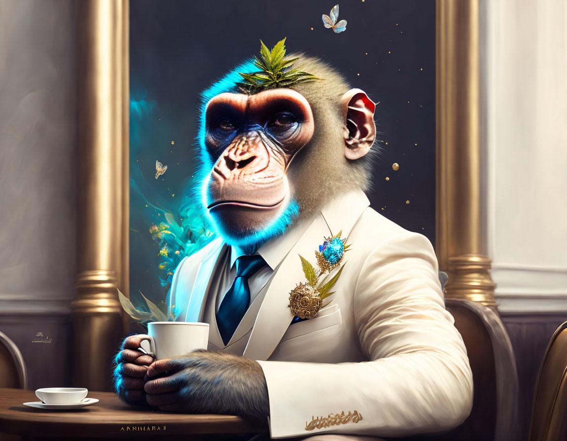 Anthropomorphic Monkey in Suit at Cafe Table with Surreal Space Backdrop