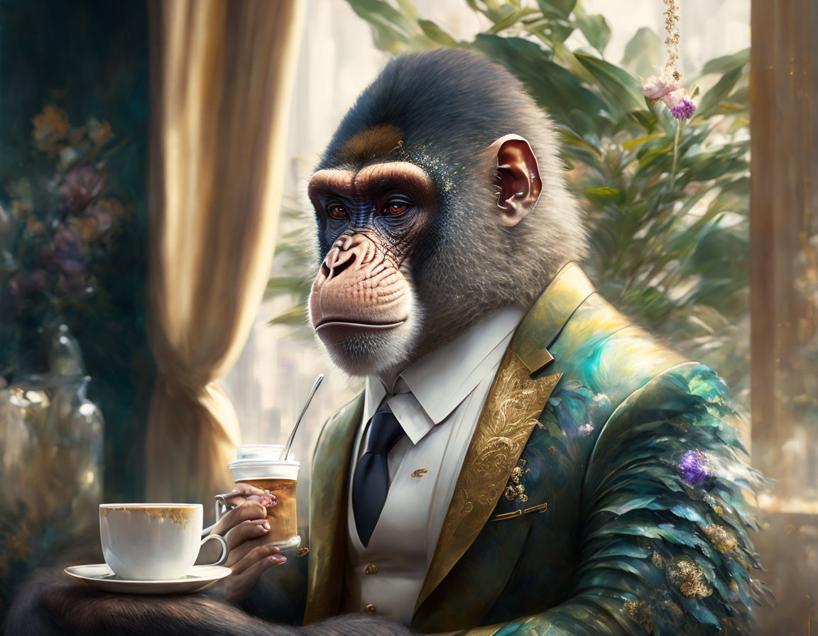 Mandrill in Suit with Coffee Cups by Window