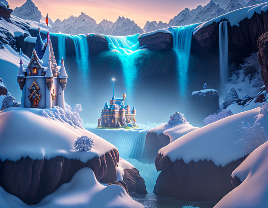 Fantasy winter scene with two castles, glowing waterfall, and twilight mountains