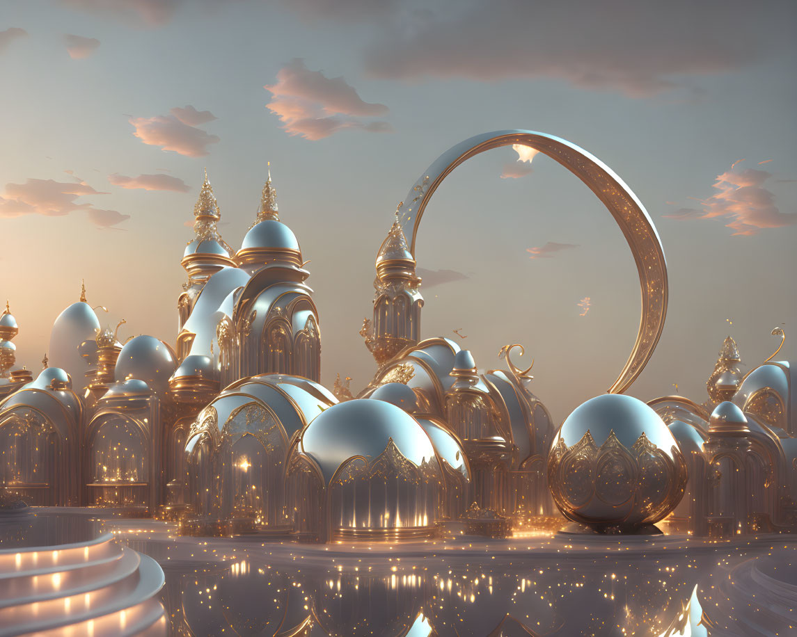 Golden domed fantasy palace with ring structure and reflective surfaces