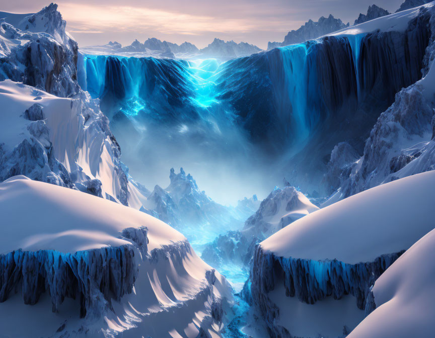 Mystical icy landscape with glowing blue waterfalls and snow-covered peaks