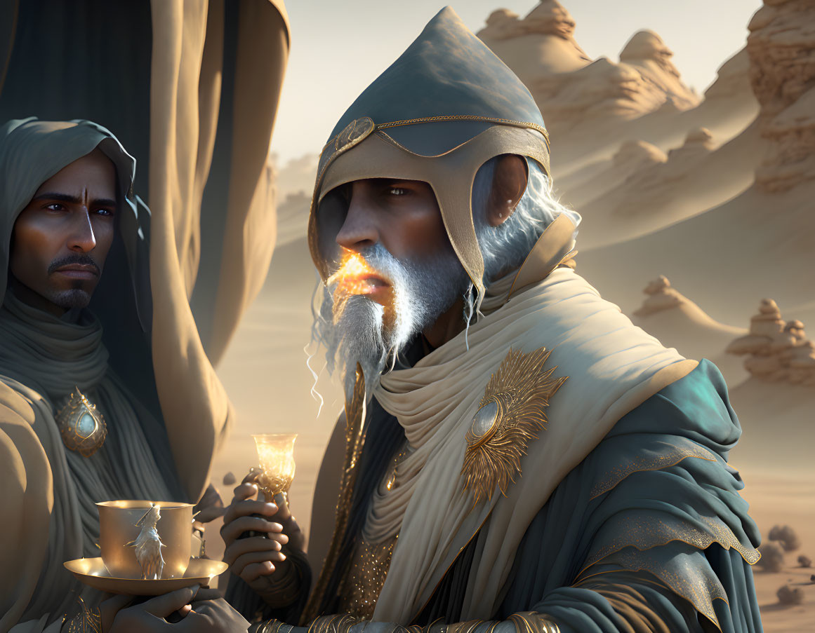 Men in ornate desert robes with golden cup and mystical frost, one with glowing blue eyes, against