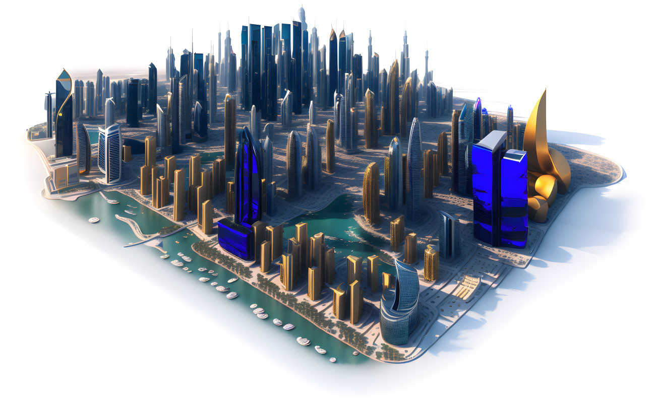 Futuristic cityscape with skyscrapers, blue and gold buildings, waterways, and docks