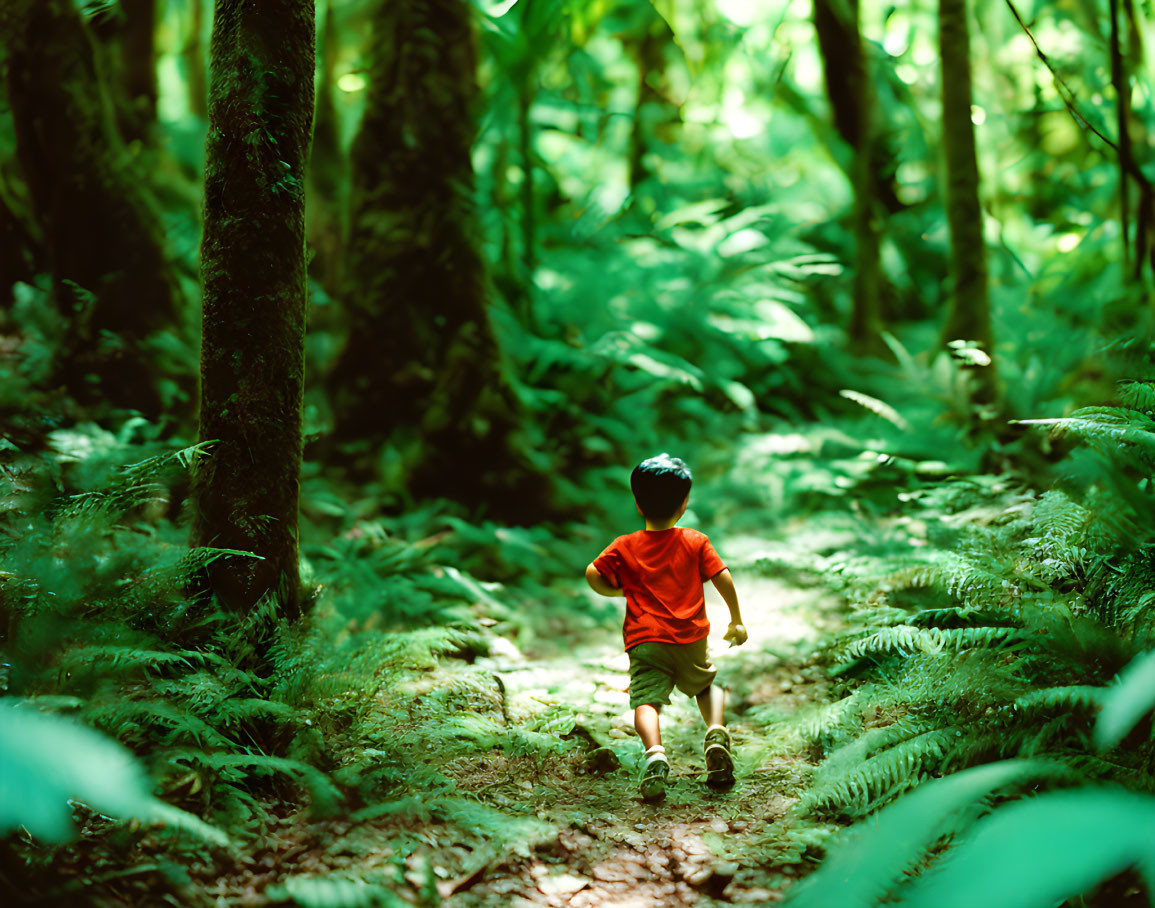 Child in red shirt walking on forest path among lush green ferns and trees