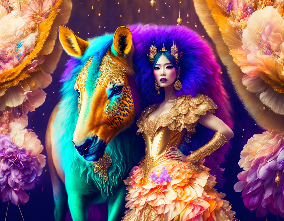 Fantasy image of woman in golden attire with multicolored lion among vibrant flowers