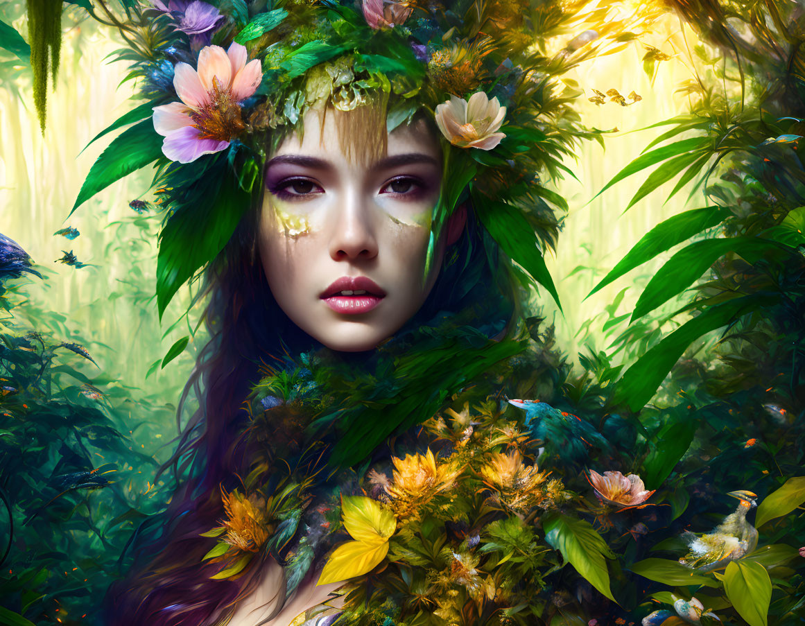 Woman's face adorned with vibrant flowers and leaves in mystical forest scene