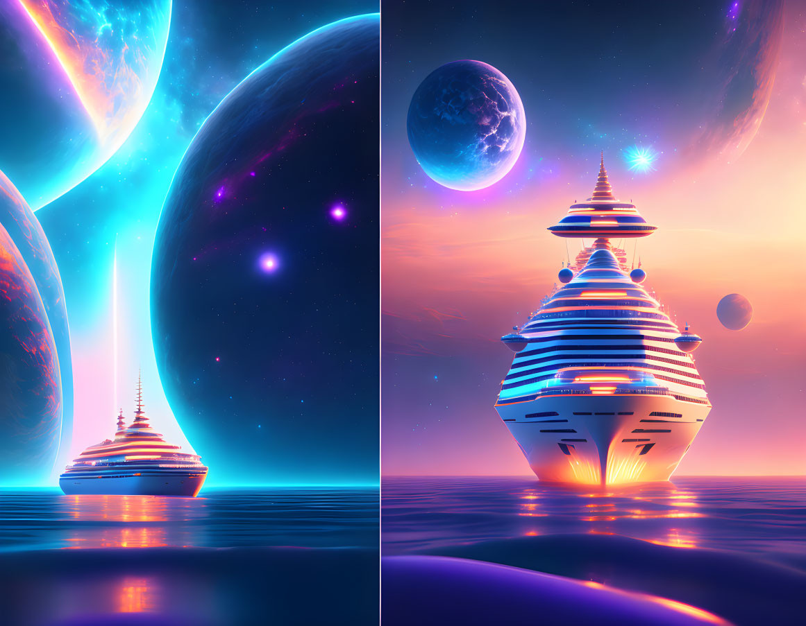 Futuristic spaceships on vibrant alien sea with cosmic sky.