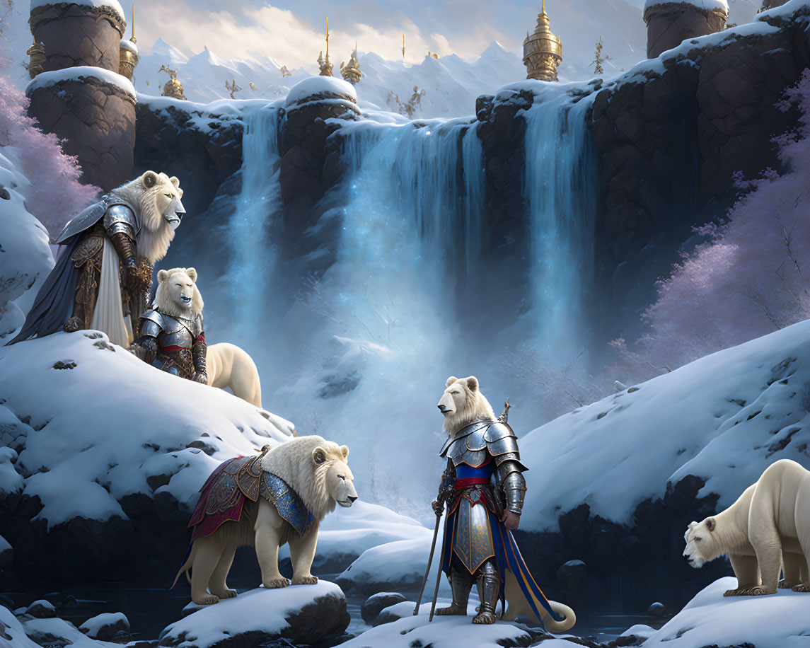 Armored polar bears and knights in fantasy snowscape