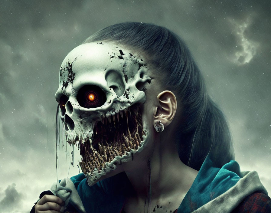 Graphic composite image: Half normal face, half skull face with red eye, against stormy sky