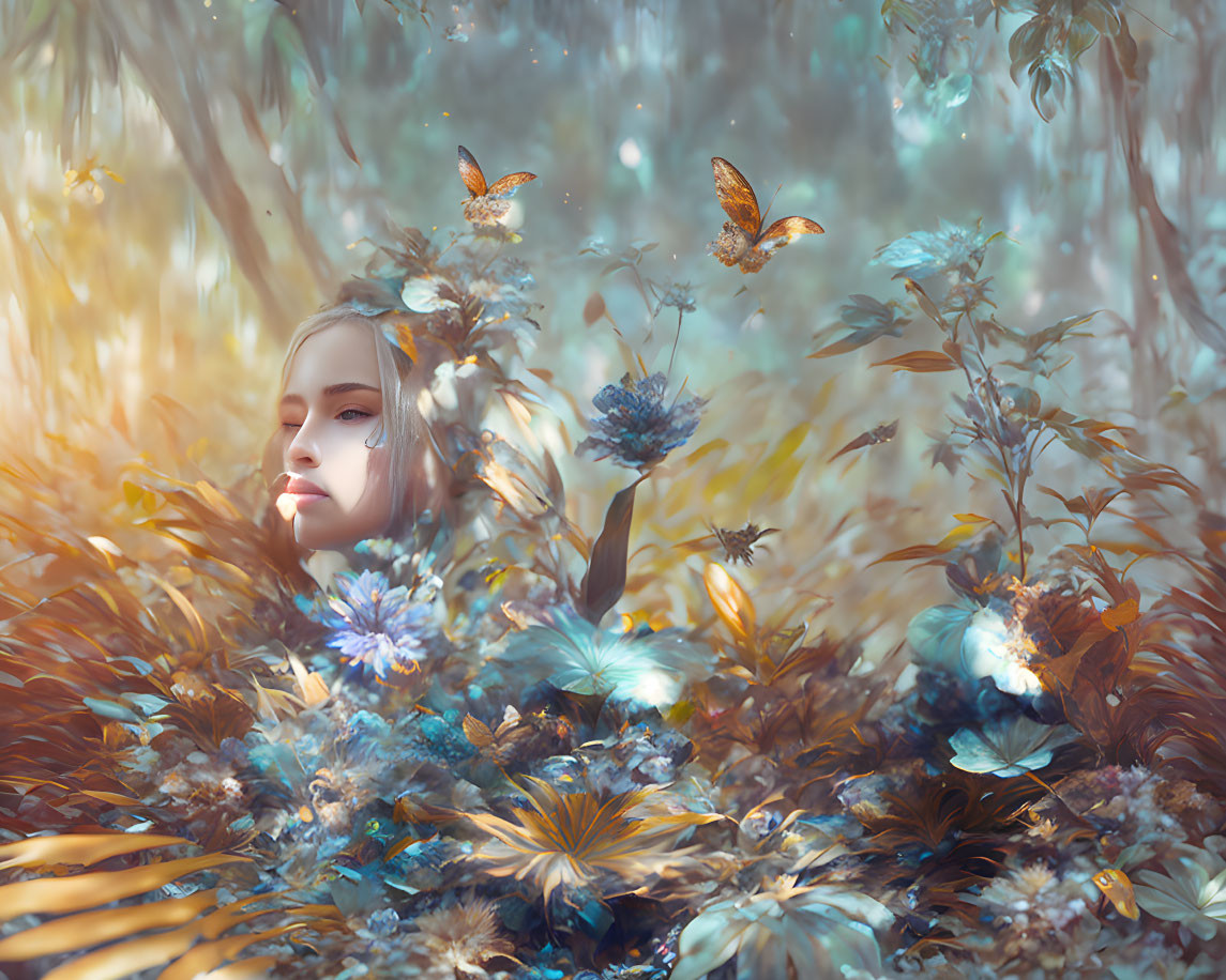 Serene woman in whimsical forest glade with flowers and butterflies