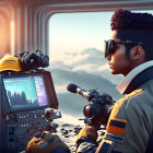 Futuristic pilot with advanced headgear in high-tech cockpit