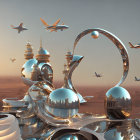 Golden domed fantasy palace with ring structure and reflective surfaces