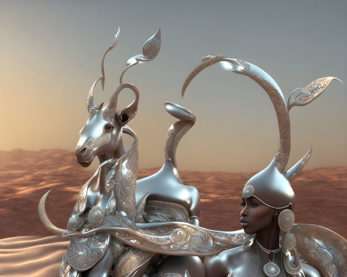 Woman with metallic skin and ornate headgear beside silver goat with elaborate horns in desert setting