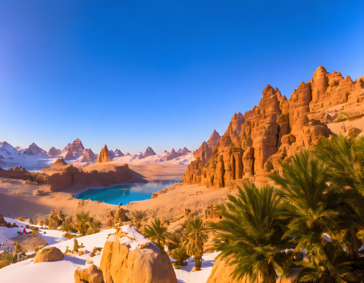 Desert landscape at sunset with rock formations, oasis, and palm trees