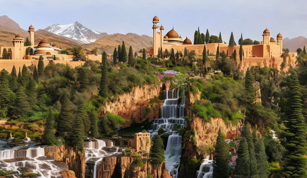 Grand palace with domes and minarets overlooking waterfall on lush cliff