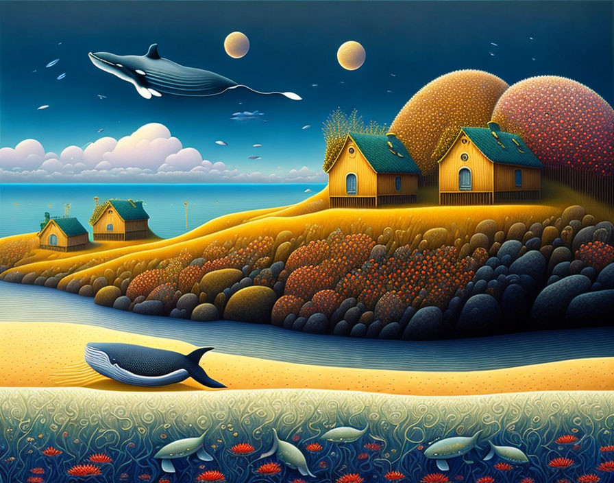 Surreal landscape with rolling hills, floating whales, and teeming sea