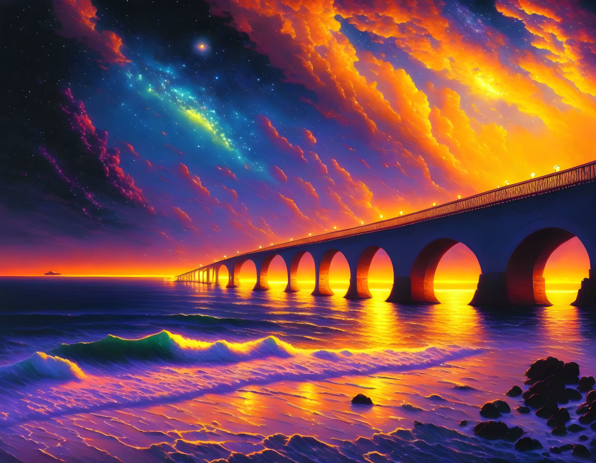 Colorful sunset over ocean with long bridge, starry sky, nebulas, and rocky shore