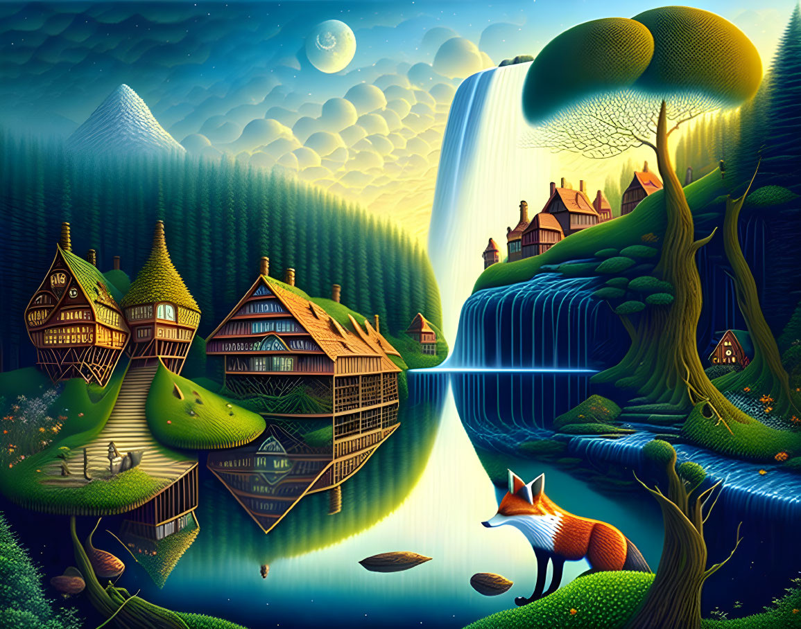 Fantasy landscape with whimsical houses, waterfall, fox, and starry sky