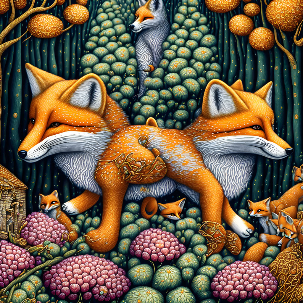 Colorful Ornate Fox Illustration Among Whimsical Flora