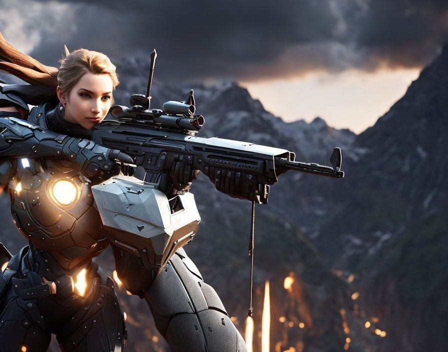 Futuristic armored woman with rifle against mountainous backdrop