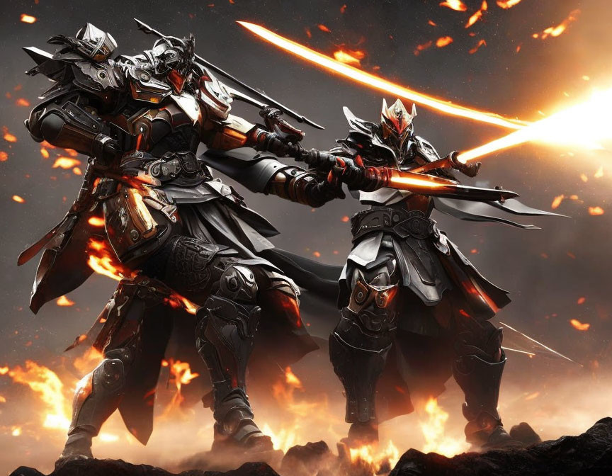 Armored warriors in fiery battle with energy-infused swords.