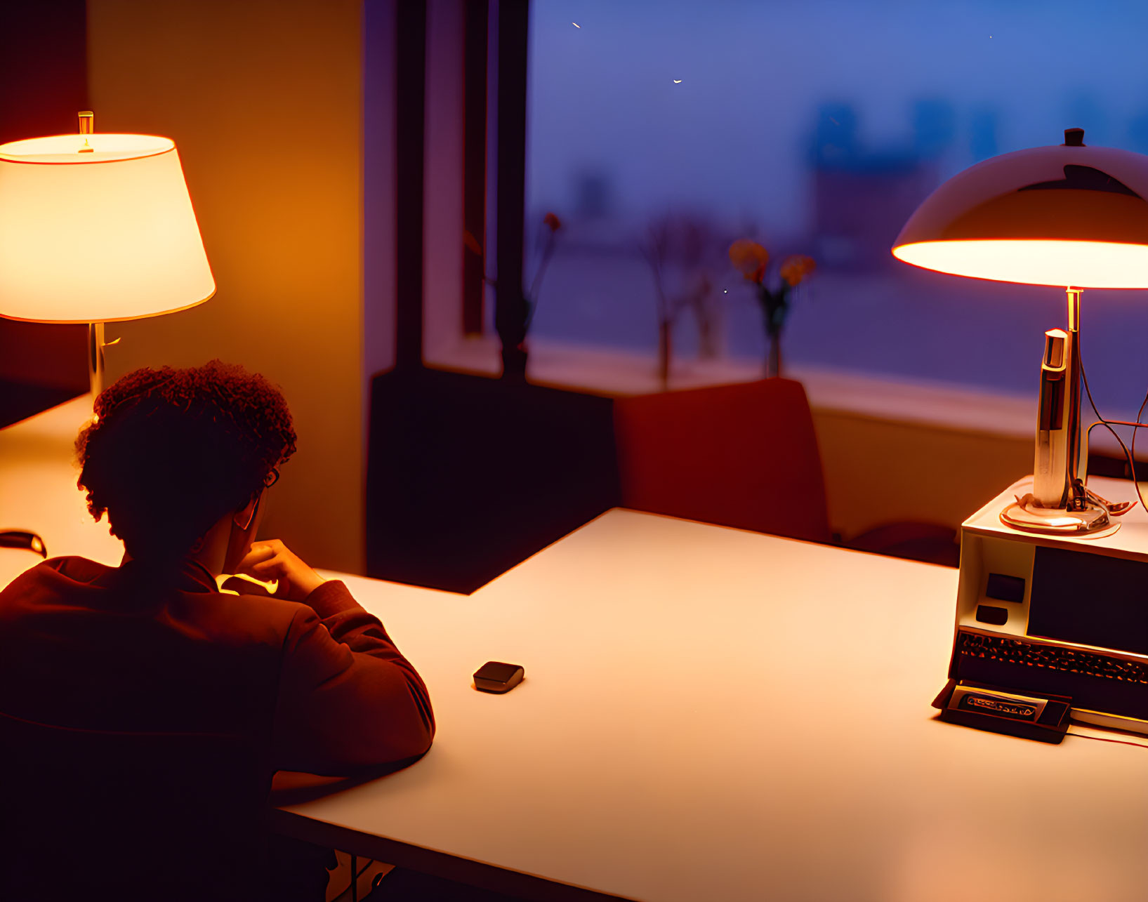 Person sitting at desk by window at night with warm glow of desk lamps and vintage radio.