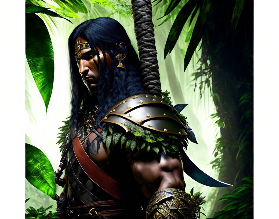 Illustrated warrior in gold-trimmed armor in jungle setting with rope