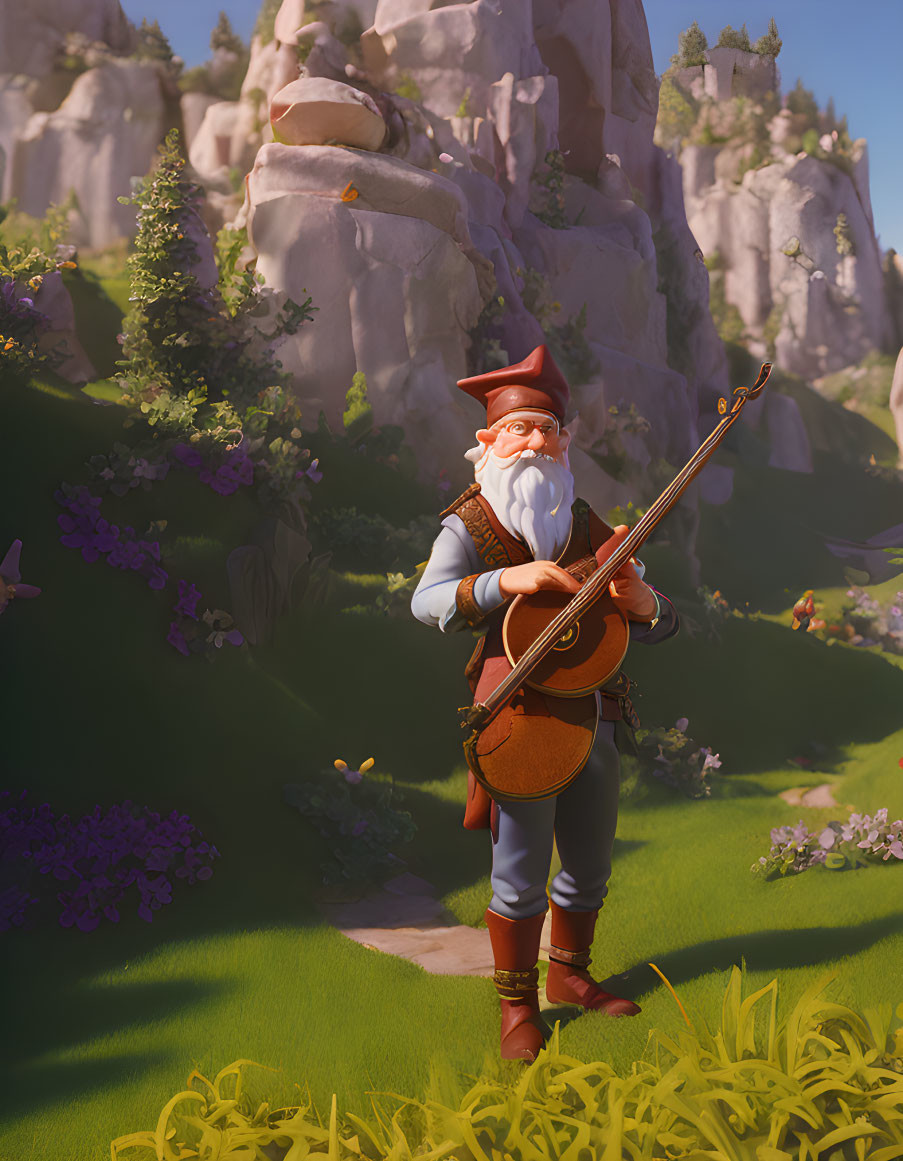 Whimsical gnome with long white beard playing lute in sunny landscape