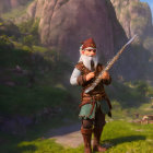 Whimsical gnome with long white beard playing lute in sunny landscape