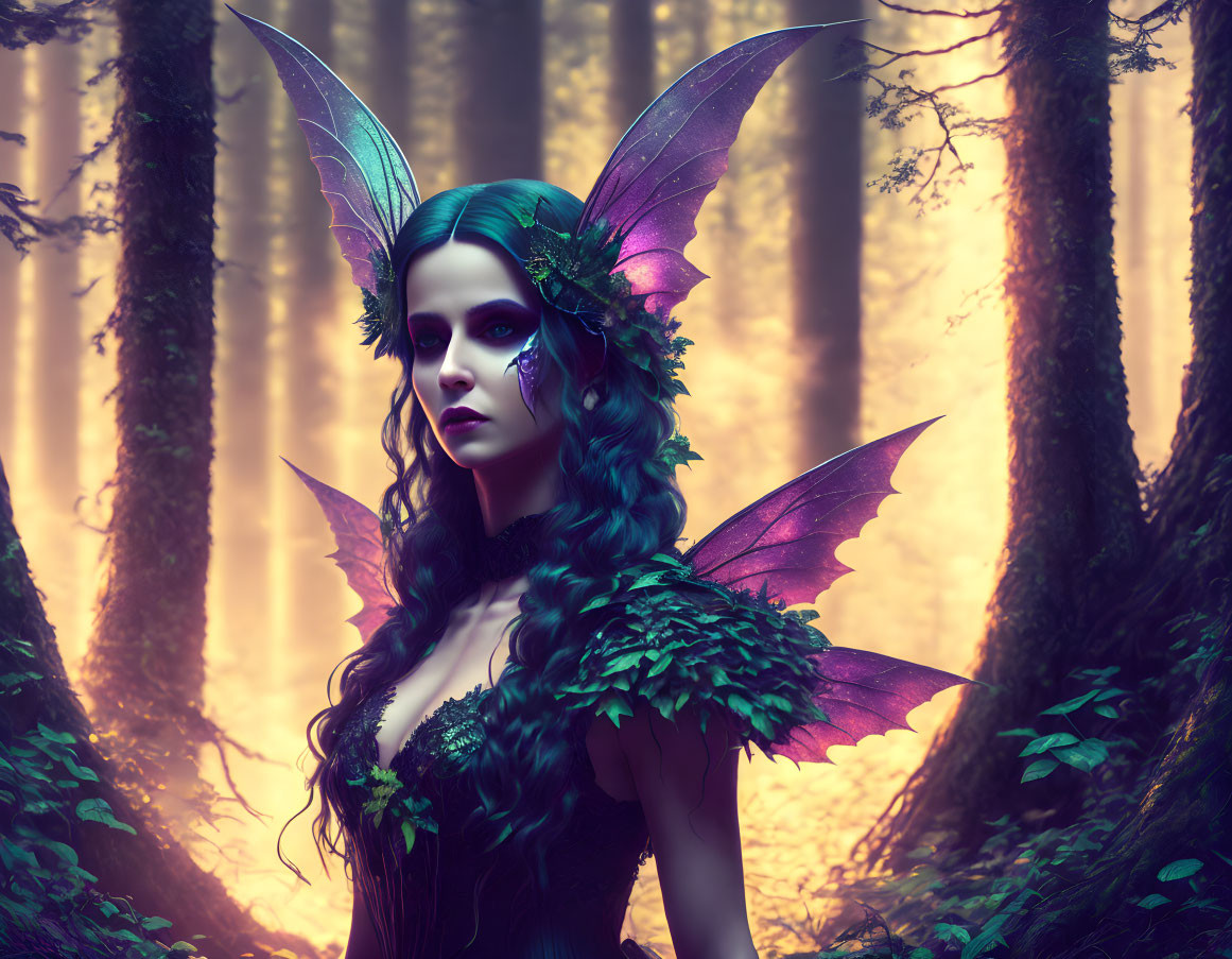 Mystical female figure with butterfly wings in forest setting