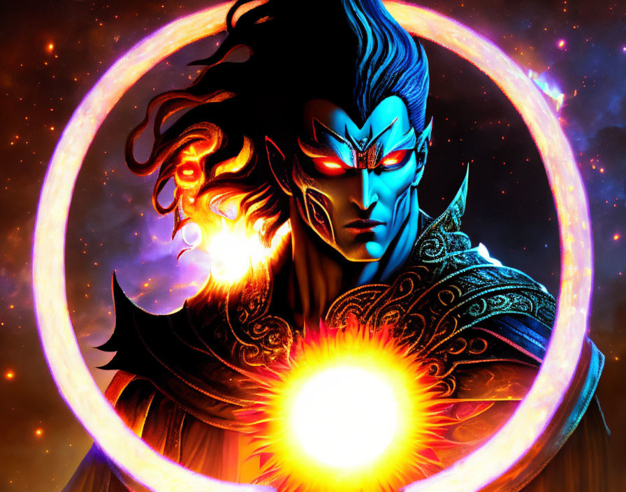 Character with Glowing Blue Eyes in Ornate Armor Holding Radiant Orb