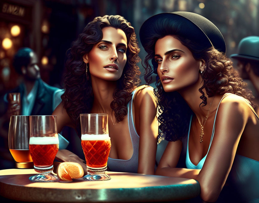 Two women with curly hair at bar with drinks and orange in ambient setting.